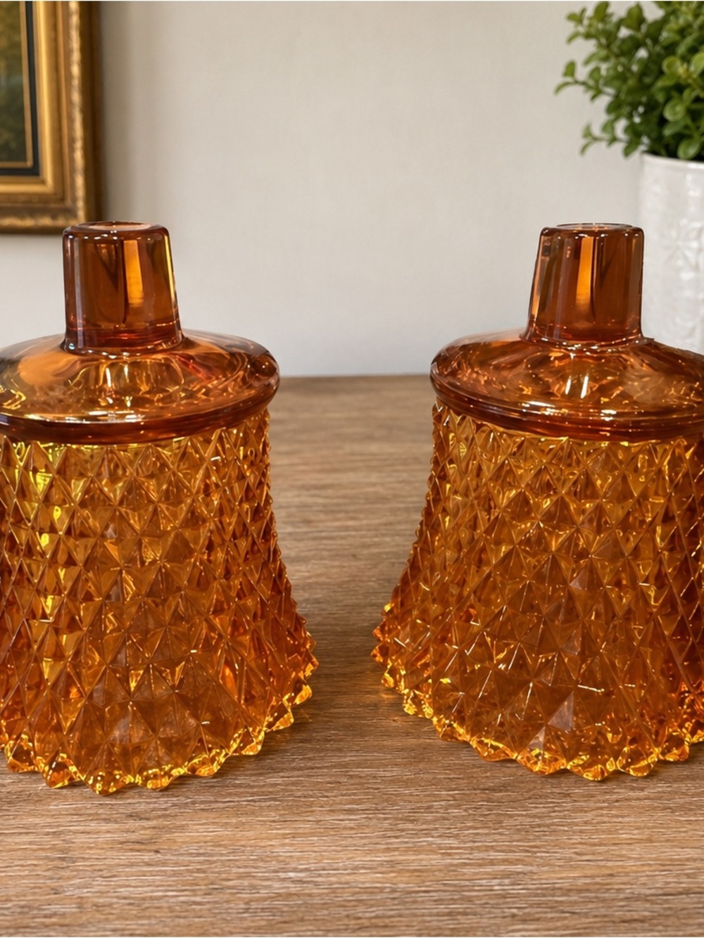 Vintage Pair Amber Diamond Point Glass Peg Votive Candle Holders 1970s